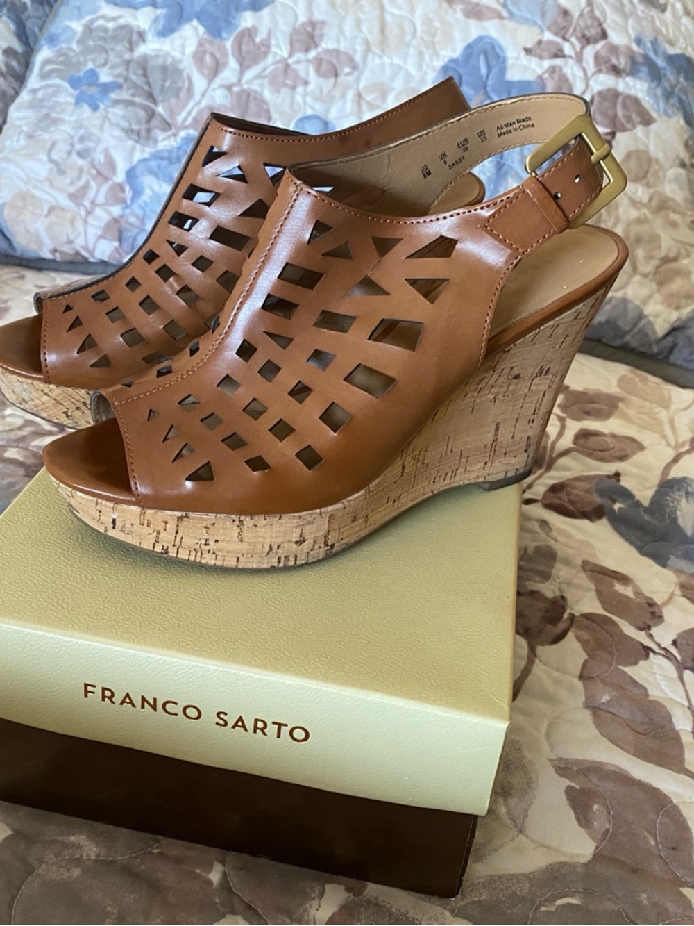 Franco Sarto Laser-Cut Cork Wedge Sandals/Sassy Almond 🌼